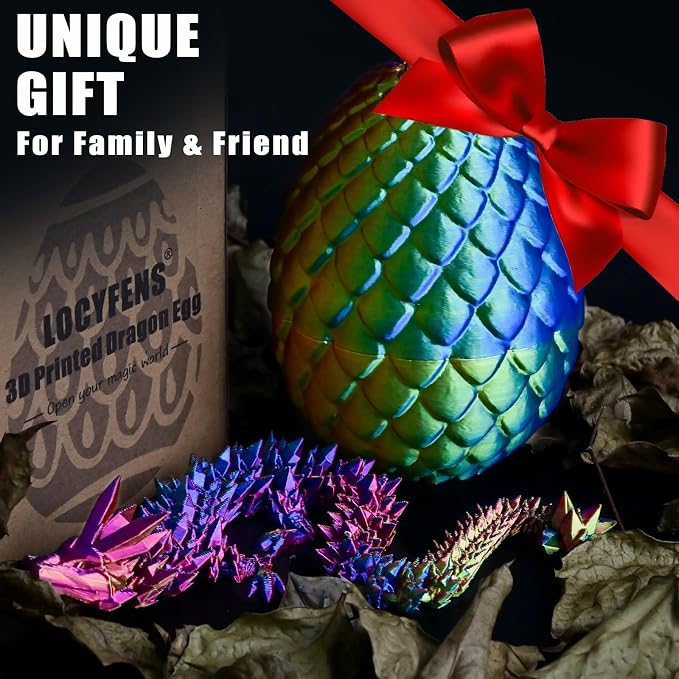 12" 3D Printed Dragon Eggs with Dragon, Articulated 3D Fidget Toys for Kids | Crystal 3D Dragon Toys for Boys Girls, 3d Printed Animals, Dino Dinosaur Eggs Toys, Easter Basket Stuffers（Red Yellow Blue）