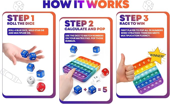 Matrix Dice Game – Pop-and-Play Bubble Pad Educational Math Dice Game – Fun Math Games for Kids 8–12, Teens, Adults, and Seniors – Ideal for Classrooms and Family Board Game Night for 2-4 Players