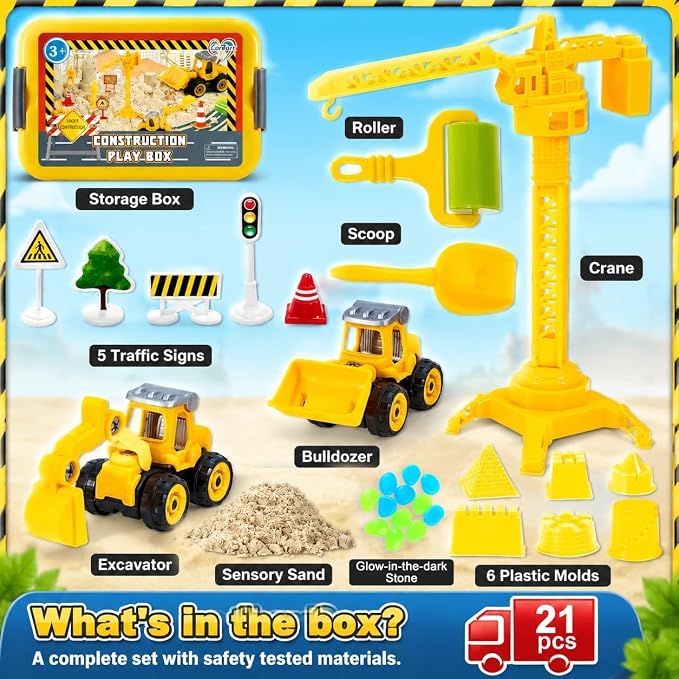 Construction Sensory Bin，Sand Kit Gift for boys girls, Sensory Play Toys | Sand Kit with Sensory Sand, Glow Stones, Excavator, Construction Toys for Creative Play Ages 3+
