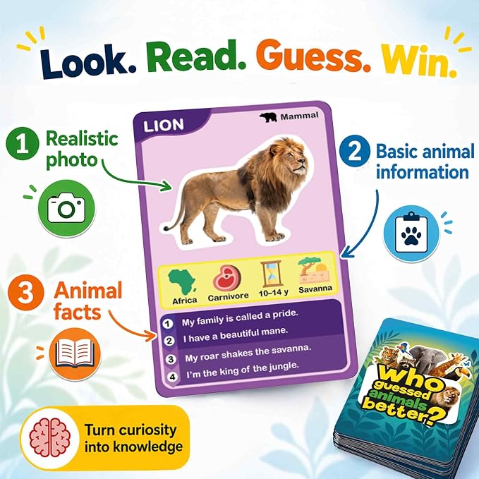 Quokka Who Guess It Better Animals Volume 1 – Educational Game with Visual Clues, Animal Discovery Card Set, 50 Cards, Screen-Free Travel Game for Kids Ages 6+