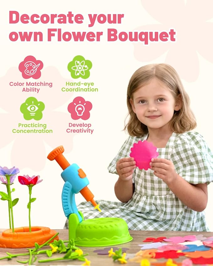 Glowsprout DIY Flower Bouquet Maker Kit with Fabric Petals for Girls, Green | Easy-press flower maker with colorful fabric petals and stems for bouquets, baskets and creative gifts for girls ages 3-12