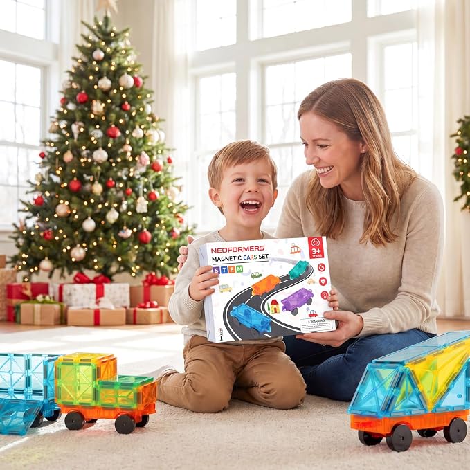 Magnetic Tiles Car Building Kit for Toddlers, 4 PCS Magnet Construction Trucks, STEM Toys for Boys Girls Ages 3-5 4-8,Educational Vehicle Engineering Set, Gifts for Kids