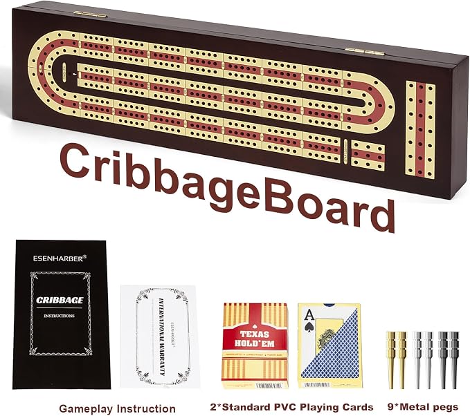 ESENHARBER Cribbage Board Game Set, Premium Wooden Board with Magnetic Lock and Metal Pegs, 2 Playing Cards, and Large Storage - Travel-Friendly Continuous 3 Track Board
