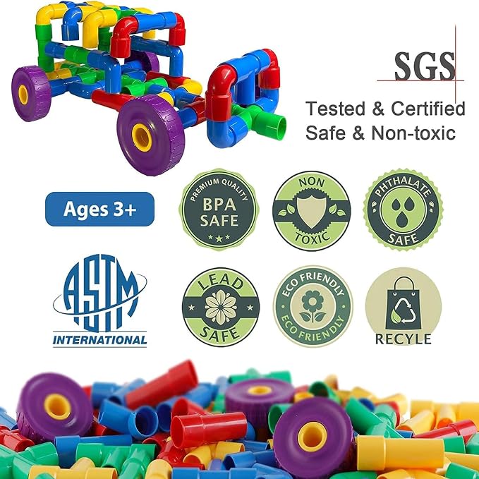 ZOZOPLAY STEM Learning Toy Tubular Pipes & Spouts & Joints 96 Piece Build Bicycle, Tank, Scootie, Moter Skills Endless Designs Educational Building Blocks Set for Kid Ages 3+ Multicolor | 96 pipes, spouts, and joints for kids 3+ to build vehicles while...