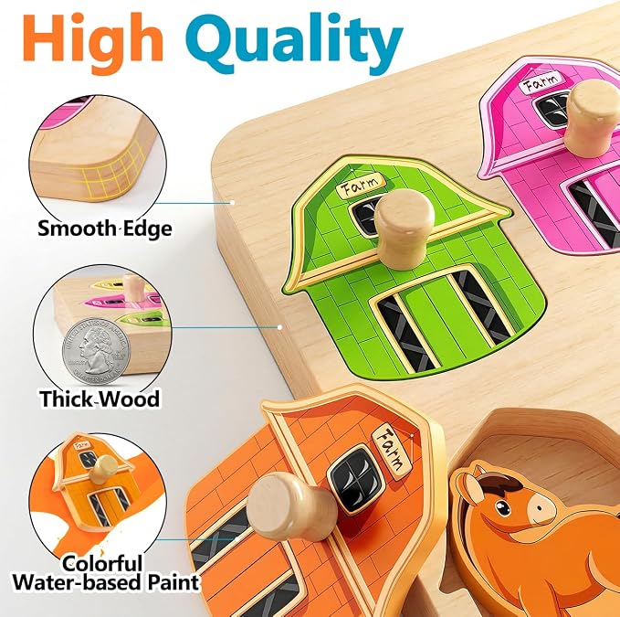 Wooden Puzzles for Toddlers 1-3 : Farm Animal Peg Puzzles, Preschool Learning Activities, Toddler Toys Age 1-2, Montessori Toys for 1 2 Year Old Boy Girl Christmas Birthday Gift | Montessori Baby Puzzles 12-18 Months - Preschool Learning Activities for...