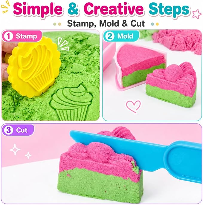 Carolart Cake Sensory Bin, Sand Baking Toys for Kids, Play Cake Sand Kit | Ice cream and dessert sensory play with colorful sensory sand, pretend bakery activity, gift for kids ages 3-8