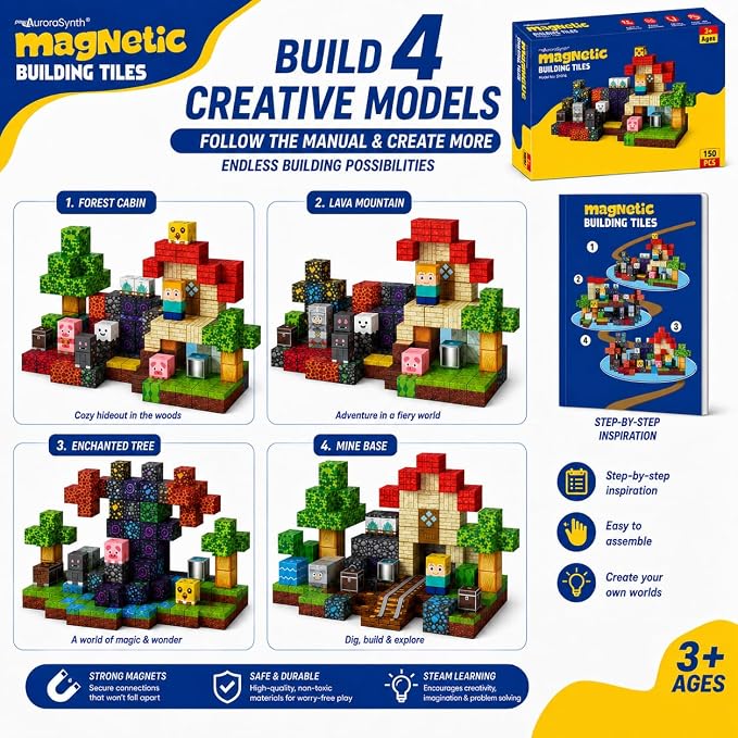 Magnetic Building Blocks 150PCS, 0.8in Stacking Cubes STEM Toy Kids Ages 3+ | Magnet Toys for Kids, Stacking Construction Magnets, School STEM Toys Birthday for Boys & Girls