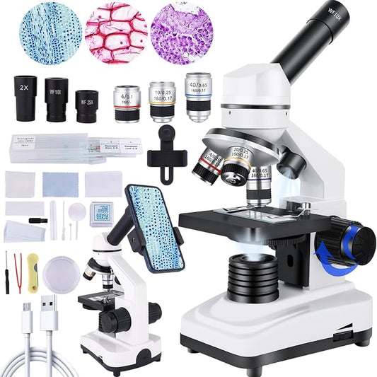 Herwicm Microscope,40X-2000X Microscope with Phone Adapter & Slides Set,Suitable for Students School Lab and Home Education (Monocular Microscope)