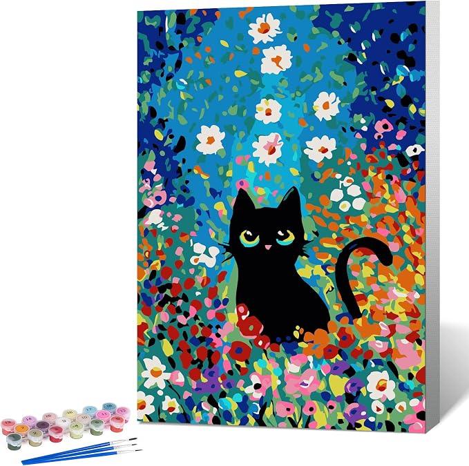Framed Paint by Numbers Kit for Adults Beginner 8x12 IN, Flowers Cat | Cat Lovers Paint by Numbers with frame, For Adults & Kids Ages 8-12, DIY Acrylic Painting, Stress Relief Home Wall Decor Gift