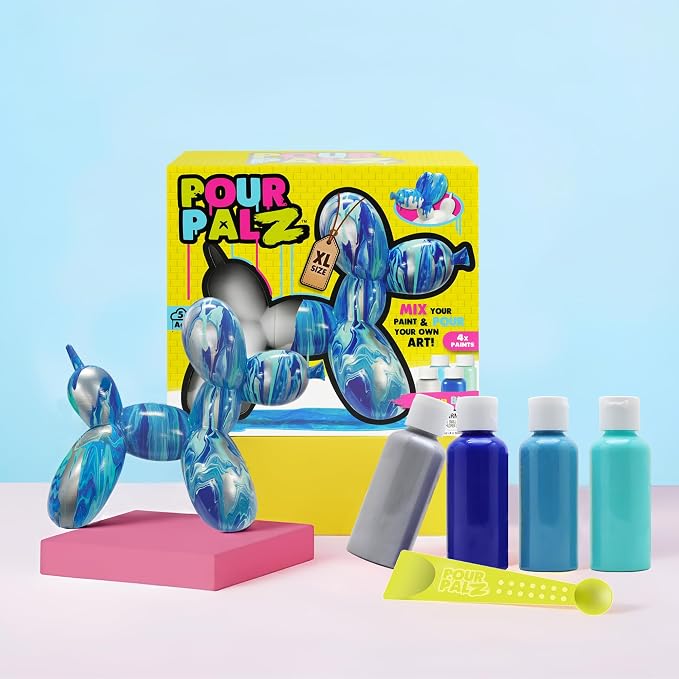 DIY Paint Pouring Kit – 1 XL Balloon Dog, 4 Acrylic Pour Paints, Mixing Cups & Tools, Create Unique Marbled Art, Fun Hands-On Craft Kit for Kids & Adults, Ocean Blue, Ages 5+
