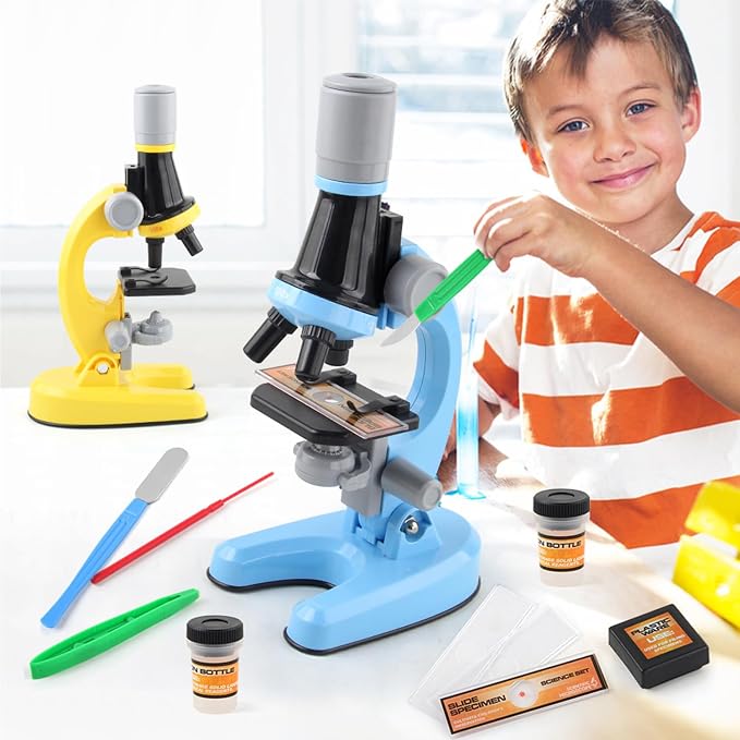 Student Microscope for Kids 4-15 School Homeschool Lab with Slide Set | 100-1200X high magnification optical lens, full specimen slide kit, portable for classroom teaching & home biology study
