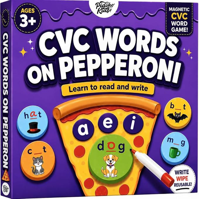 CVC Words on Pepperoni - Learn to Read & Write, Magnetic Phonics Games | Preschool Kindergarten Learning, Write-Wipe Activity, Classroom & Homeschool Supplies, Speech Therapy Ages 3+