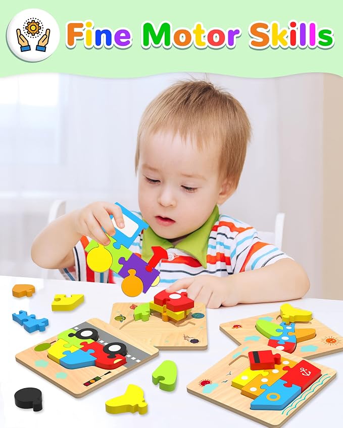 Wooden Toddler Puzzles Gifts Montessori Toys for 1 2 3 Years Old Boys Girls | 6 Vehicle Shape Puzzles, Boy Birthday Gift, Montessori Toys Educational Blocks for Toddlers 1-3, 2-4, Baby Learning Toys