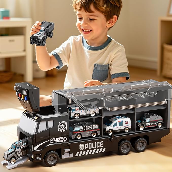 Carrier Truck Toddlers Toys for 3 4 5 6 7 Years Old Boys, Toy Truck Transport Car & Die-Cast Car and Play Mat, Police Car Toys Birthday Gifts for Kids 3 4 5 6 7 8+ Years Old Boys Girls