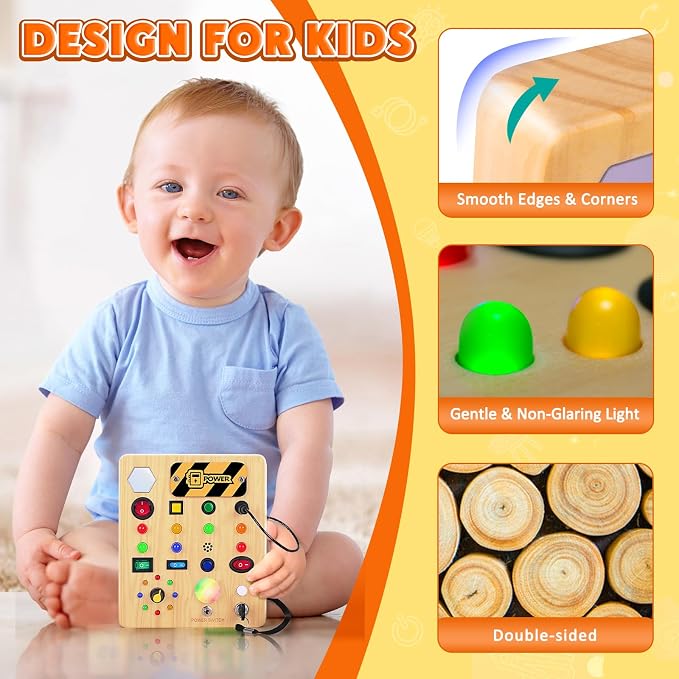 TINTECUSA Busy Board with LED Light, Wooden Sensory Toys for Toddler, Montessori Music Toy for Airplane, Travel Activity Educational Learning Autism Toys, Birthday Boys Girls Gifts