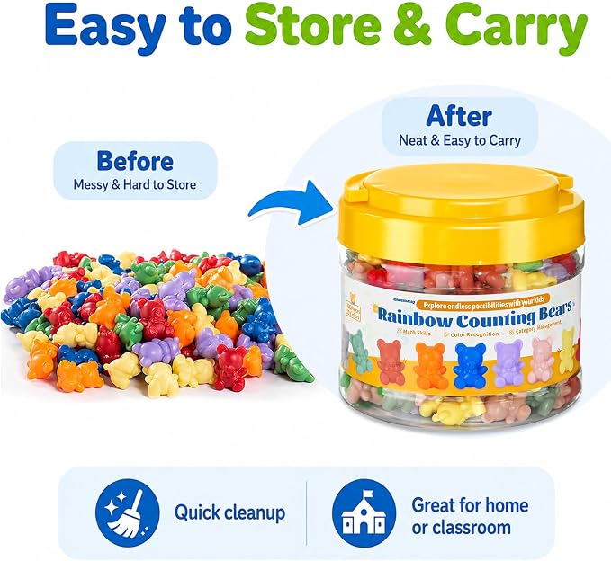 XINHUIDALSQ Rainbow Counting Bears Set of 200, 10 Colors Sorting Teddy Plastic Bears Math Manipulatives for Toddlers, 1 Inch Bear Conters Ages 3+ Kids