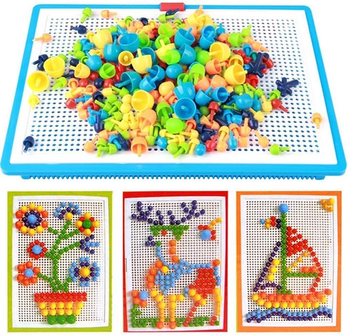 592Pcs Jigsaw Puzzle Mix Colour Mushroom Nails Pegboard Educational Building Bricks Creative DIY Peg Puzzle Toys 3D Games Birthday Christmas Party Gift for Kids Children Age Over 3 Years Old