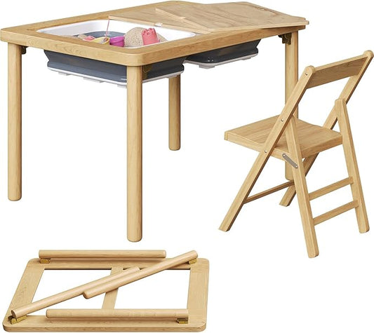 FUNLIO Foldable Wooden Sensory Table with 2 Bins & 1 Foldable Chair for Toddlers, Kids Sensory Table with Anti-Warping Plywood Lid, Indoor/Outdoor Play Sand and Water Set, CPC Certified