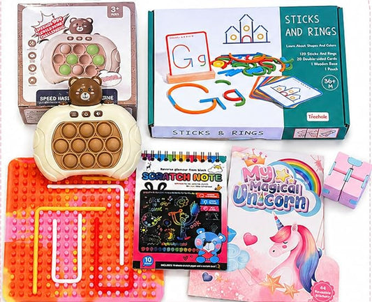 Calm Kids Sensory Kit - Screen-Free Busy Box Ages 3+ | 6-Piece Travel Toy Set, No-Mess Art and Play, Pink/Brown, Fine Motor Skill, Fidget, Quiet Time Fun
