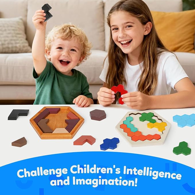 4 Pack Wooden Hexagon Puzzle, STEM Logic IQ Travel Game for Kids Adults | Montessori Educational Toy, Geometric Shape Blocks, Logic IQ Game, Ideal Gift for Kids Teens Adults