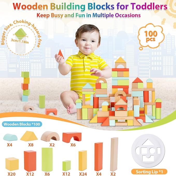 FCSONU Wooden Building Blocks for Toddlers 1-3, 100Pcs Kids Wood Blocks Set | Wooden Blocks for Toddlers 3-5, Montessori Building Toys&Stacking Toys, Easter Christmas 1st Birthday Gifts for Boy Girl Baby