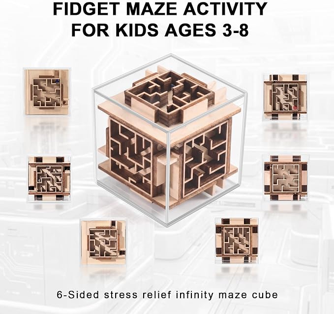 Fidget Brain Teaser Games for Kids: Wooden Puzzle Fidget Toy for Toddlers - Handheld Maze Puzzle Cube for Travel - 3D Labyrinth Game Road Trip Toys for Boys & Girls Ages 3-8