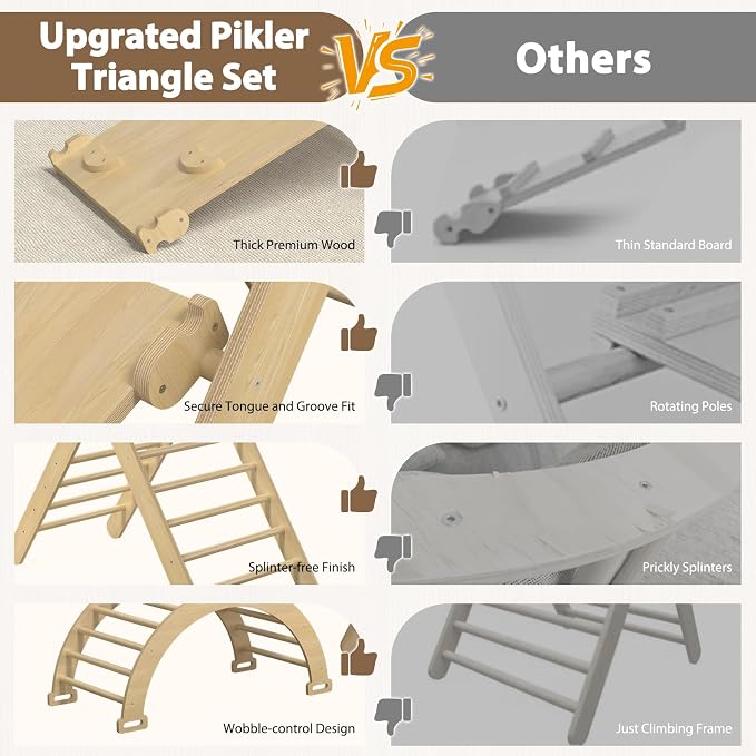 Large Pikler Triangle Set, 7-in-1 Toddler Climbing Toys Indoor, Wooden Montessori Climbing Set with Arch Ramp Ladder, Foldable Baby Jungle Gym Playground (Wood Natural)
