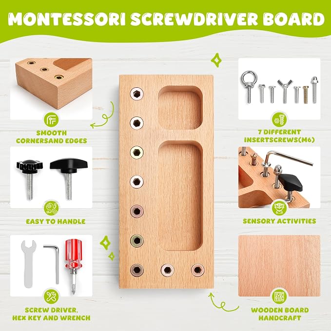 TenFans Montessori Busy Board for Toddlers 3-5 Years, Wooden Screwdriver Activity Board, Fine Motor Skills & Sensory Development Toy, Preschool Learning & Travel | Fine Motor Skills Educational Learning Toy, Sensory Training Preschool Busy Book for K...