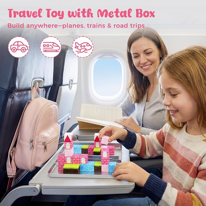 3 otters 32PCS Magnetic Blocks, with a Storage Box, Princess Castle | Portable Travel Toy, STEM Magnet Cubes for Preschool Learning, Party Favors, Stocking Stuffers