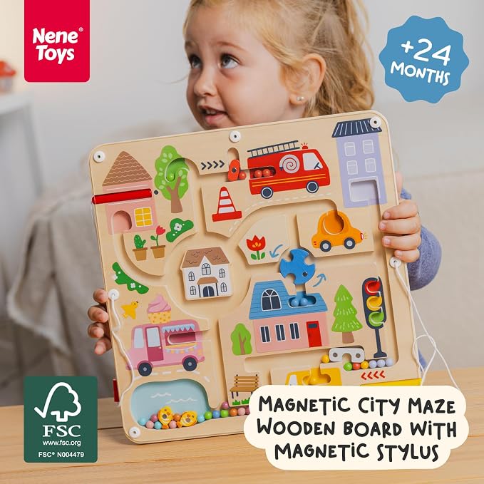 Nene Toys Magnetic Maze Board – Toddler Travel Toy 2+ – Montessori Busy Board Alternative – Bead Maze Puzzle with Tethered Stylus – Quiet Car/Plane Activity – Fine Motor Skills, Hand-Eye Coordination
