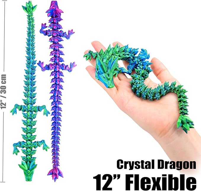 3D Printed Dragon 2 Pack Without Egg, 12 Inch 3D Dragon Flexible Articulated Fidget Toy Blue Green & Red Blue，3D Printed Fidget Toys, Boys Toys for Birthdays, Halloween