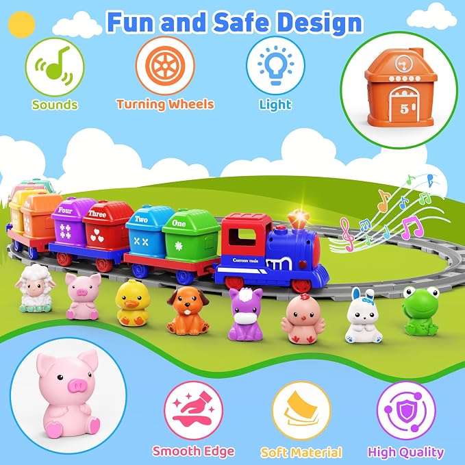 Electric Train Set for Toddlers 2-4 with Farm Animals, Music & Lights, Blue | Montessori Counting & Sorting Train Toy, 37 Pieces with 8 Farm Animal Finger Puppets and Numbered Barns for Toddlers