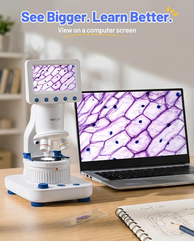 TOMLOV DM302K Microscope for Kids, 800X Science Kit, 4.3" Screen STEM Toy | 12 Prepared Slides, Easy Focus, Beginner-Friendly, Wireless Phone Sharing, USB PC Disply, Photo & Video, Dual LEDs, Ages 6-12