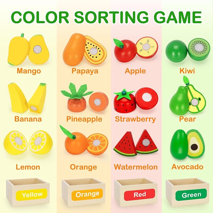 TooyBing Wooden Play Food Toy Set for Kids Kitchen - 30 Pcs Montessori Cutting & Color Sorting Fake Fruit Accessories with 4 Boxes, Play Toys for Toddlers 3, Birthday Gifts for Boys Girls