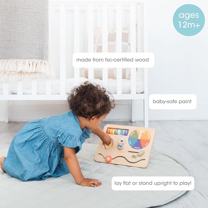 Pearhead Busy Board for Toddlers, Wooden Montessori Sensory Toy | FSC-Certified Design, Built-In Stand, Travel Activities, Color Recognition, Ages 1+