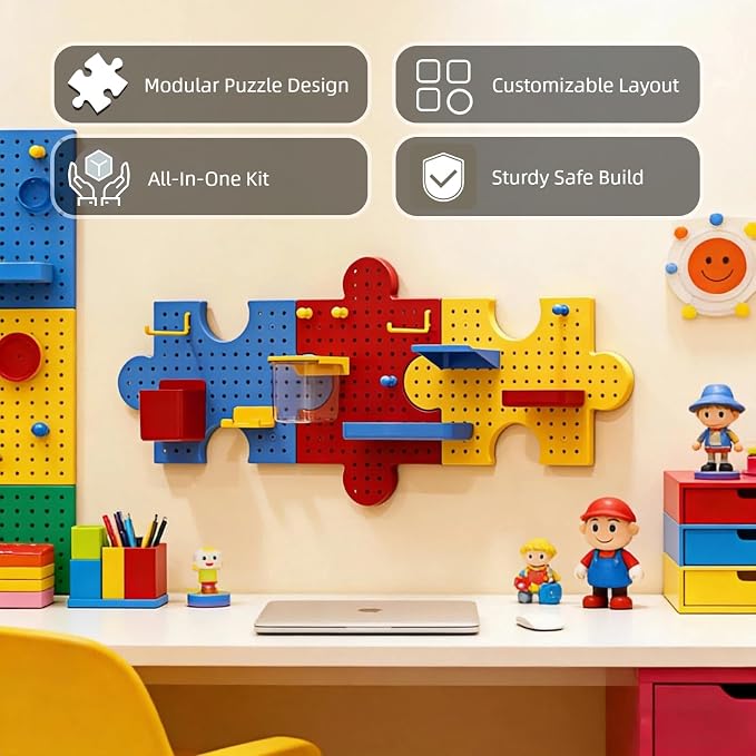 Pegboard Wall Organizer, Puzzle Modular Plastic Storage System with Hooks Shelves Boxes, Colorful Red Yellow Blue, 33.1 x 9.4 Inches, Wall Decor for Entryway Home Office Kids Room Craft Area