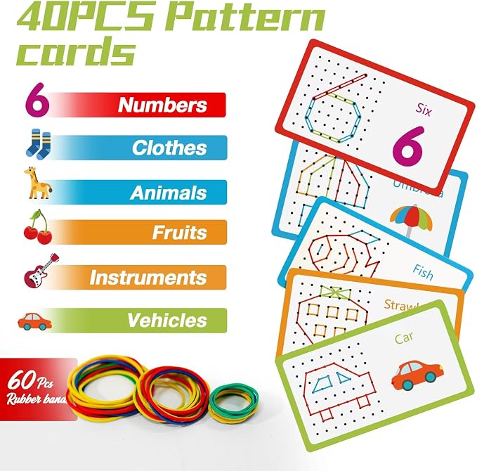 CHEROSIN 2Pack Wooden Geoboard Montessori Toys - Wood Geo Board Manipulative Geoboards for 4 5 6 Year Old Kids with Pattern Cards and Rubber Bands,Brain Teaser STEM Toy for Boys Girls Ages 3-6