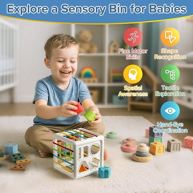 Somastung 7‑in‑1 Montessori Baby Toys for 6‑12 Months & 1+ Years, Infant Sensory Teething & Stacking Blocks | Wooden Shape Sorter, Xylophone Musical Toy, Birthday Gift for Toddlers 1‑3