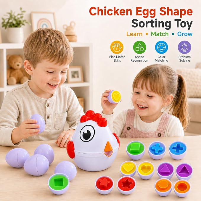 Toddlers Easter Chicken Eggs Matching Toys for Boys Girls 2 3 4 5 Years, Colors & Shape Matching Game, Preschool Sensory Fine Motor Skills Development Toy, Birthday Gifts for Baby Boys Girls