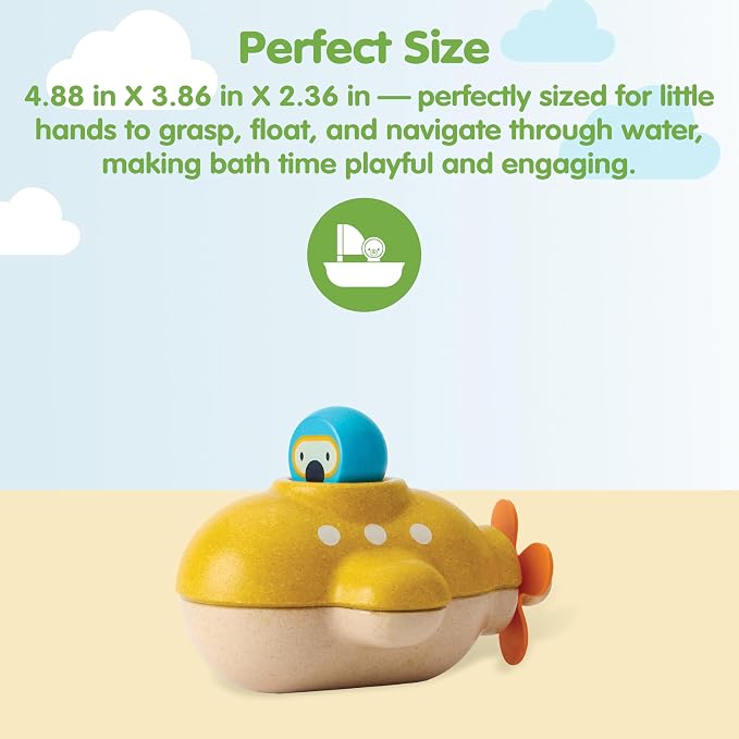 PlanToys® Submarine Wooden Baby Bath Toy for Toddlers, Waterproof Pool Toy | wooden submarine, waterproof bath pool toy, montessori fine motor imagination, non-toxic water play, 18+ months, toddlers kid