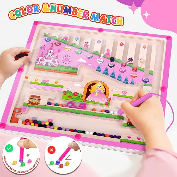 wakeInsa 2 in 1 Magnetic Color and Number Maze,Montessori Toy for Toddler Girls,Wooden Magnet Balls Puzzles,Toddler Busy Board Game,Preschool Learning Activities (Princess & Ice Cream)