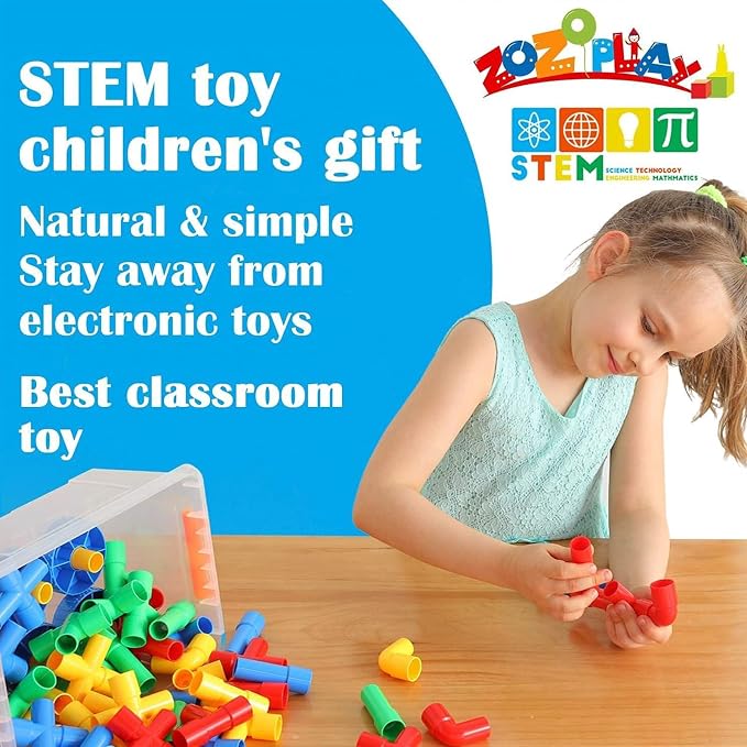 ZOZOPLAY STEM Learning Toy Tubular Pipes & Spouts & Joints 96 Piece Build Bicycle, Tank, Scootie, Moter Skills Endless Designs Educational Building Blocks Set for Kid Ages 3+ Multicolor | 96 pipes, spouts, and joints for kids 3+ to build vehicles while...