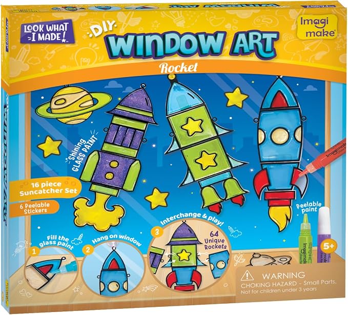 Imagimake Window Art - Rocket, DIY Mess-Free 16 Pieces Suncatcher Kit | Stained Glass Painting Craft Activity for Kids, Birthday Gift for Boys & Girls Ages 5,6,7,8,9,10,12 Years Old