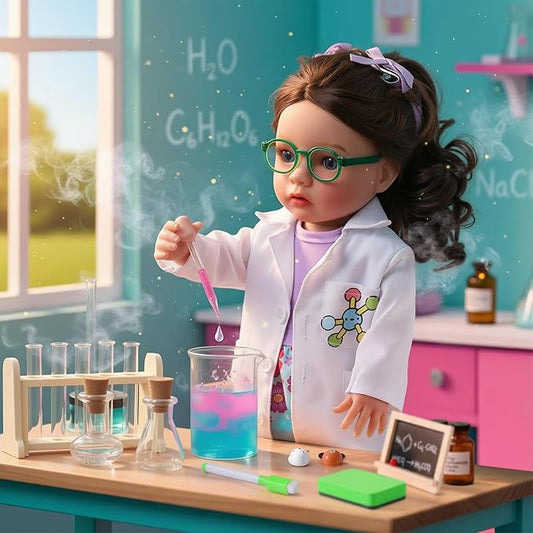 BABESIDE 16 Inch American Scientist Girl Doll with Microscope, Lab Play Set | Reborn Baby Dolls Girl, Chemistry Lab Accessories, Complete Pretend Play Scientist Toy, Birthday Gift for Kids Age 3+