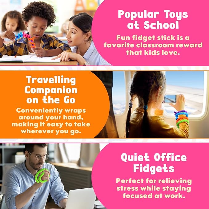 KLT Silicone Fidget Sticks 6 Pack with 6 Unique Textures | 10.5 inches long, bendable design, quiet desk play, creative shaping, portable for home, school, office, travel