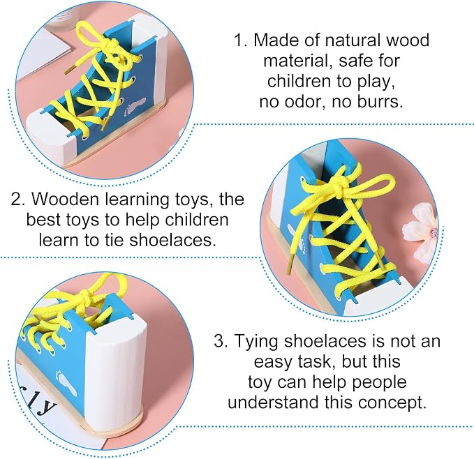 Learn to Tie Shoes for Kids Wooden Lacing Sneaker, Blue | Educational Toy, Safe & Reusable, Wooden Shoe Tying Practice Kit, Wood Lacing Sneaker Toy, for Tie-Up Shoe Practice