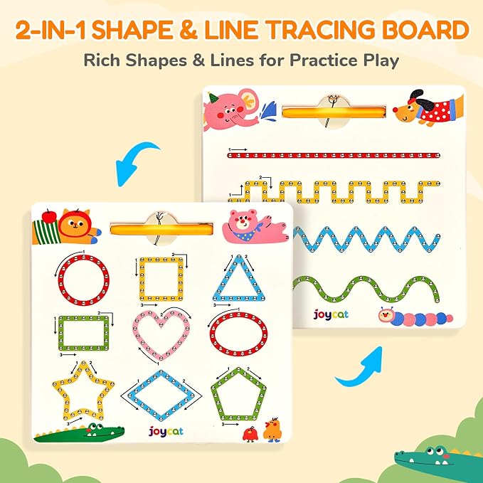 JoyCat Magnetic Animal Shapes and Lines Tracing Board, Pencil Control Toy | 2-in-1 double-sided toy builds pencil control for toddlers; preschool learning and road trip car activities for kids.