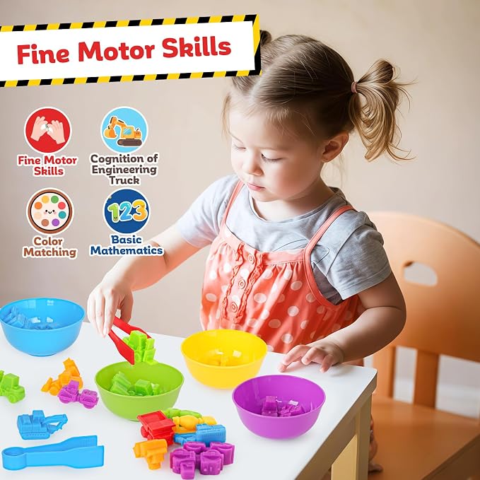 Counting Construction Vehicles Color Sorting Matching Games for Kids 3-5, Preschool Educational Learning Fine Motor Counting Transportation Matching Classroom Sensory Table Toys for Boys Girls