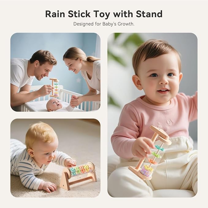 IEATFO Rain Stick Toy with Stand - Sensory Sound Training Tool for Kids, Tummy Time Musical Instrument for Infant Development | Rainmaker with Wooden Base, Clear Tube, Colored Flower Discs and Beads