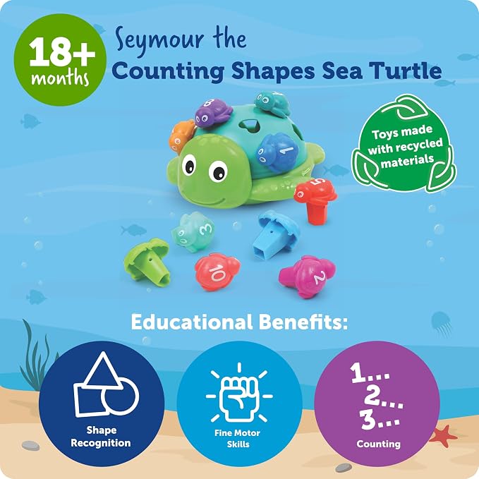Learning Resources Seymour the Counting Shapes Sea Turtle | Sorting & Stacking Toys, Preschool Toys for Classroom, Counting Games, Fine Motor Skills Game for Toddlers, Ocean Sensory Toy